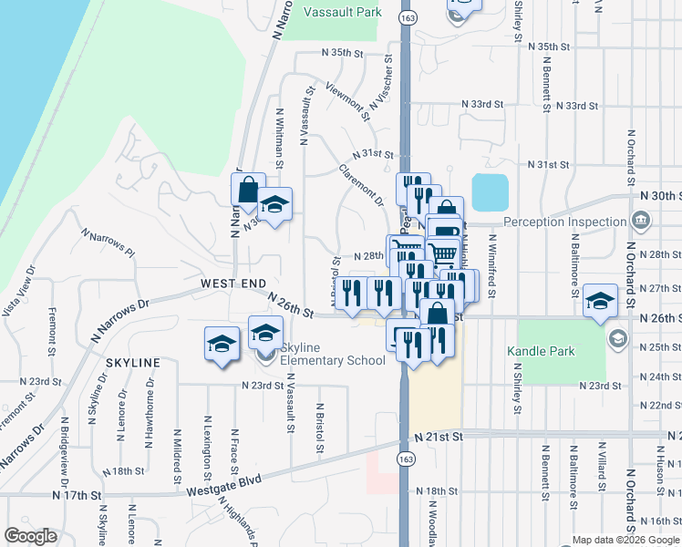 map of restaurants, bars, coffee shops, grocery stores, and more near 2633 North Bristol Street in Tacoma