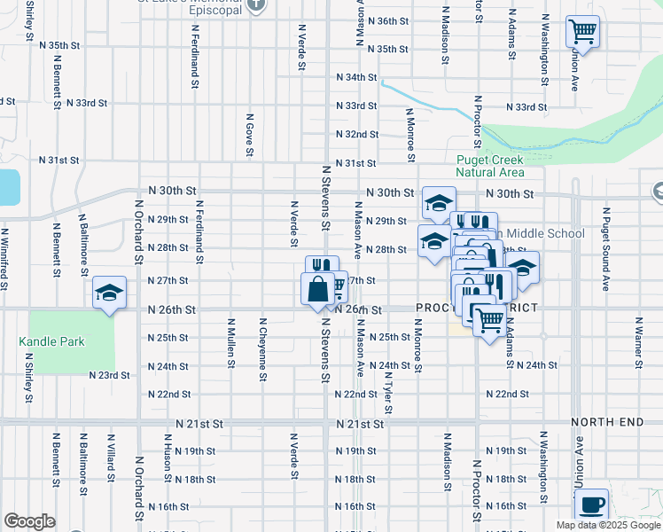 map of restaurants, bars, coffee shops, grocery stores, and more near 2713 North Stevens Street in Tacoma