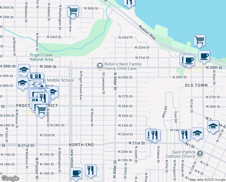 map of restaurants, bars, coffee shops, grocery stores, and more near 2714 North Alder Street in Tacoma