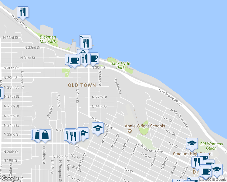 map of restaurants, bars, coffee shops, grocery stores, and more near 2714 Garfield Road in Tacoma