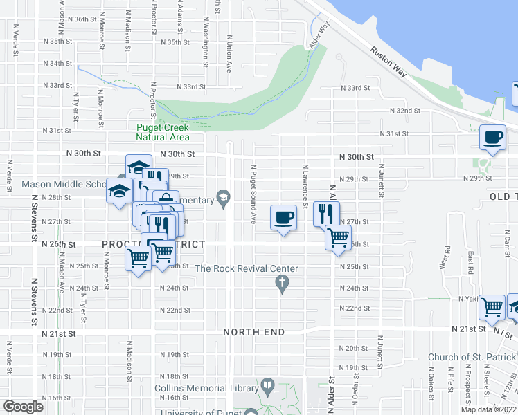 map of restaurants, bars, coffee shops, grocery stores, and more near 3424 North 28th Street in Tacoma