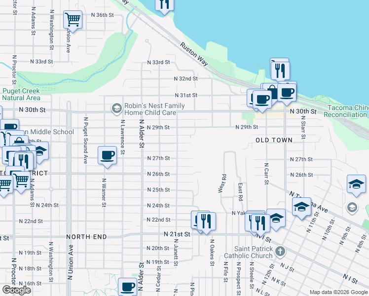 map of restaurants, bars, coffee shops, grocery stores, and more near 2902 North 28th Street in Tacoma