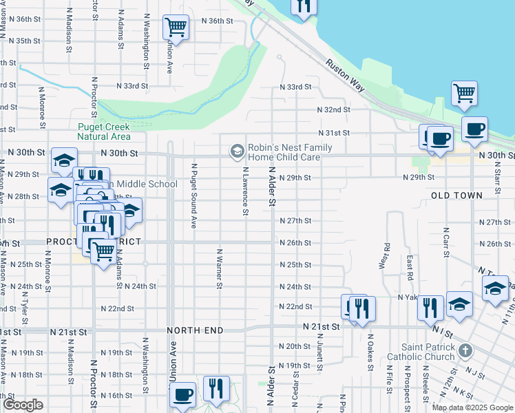 map of restaurants, bars, coffee shops, grocery stores, and more near 2714 North Alder Street in Tacoma