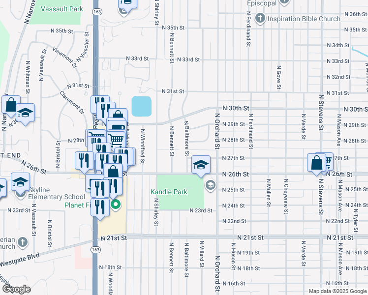 map of restaurants, bars, coffee shops, grocery stores, and more near 2712 North Baltimore Street in Tacoma