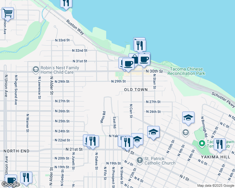 map of restaurants, bars, coffee shops, grocery stores, and more near 2346 North 28th Street in Tacoma