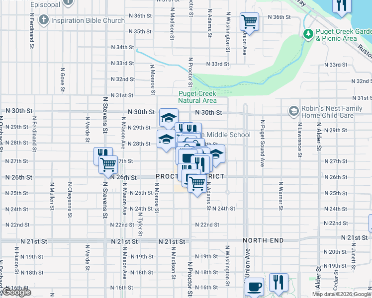 map of restaurants, bars, coffee shops, grocery stores, and more near in Tacoma