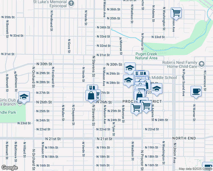 map of restaurants, bars, coffee shops, grocery stores, and more near 2715 North Mason Avenue in Tacoma