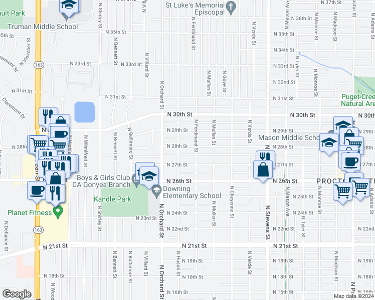 map of restaurants, bars, coffee shops, grocery stores, and more near 4914 North 28th Street in Tacoma
