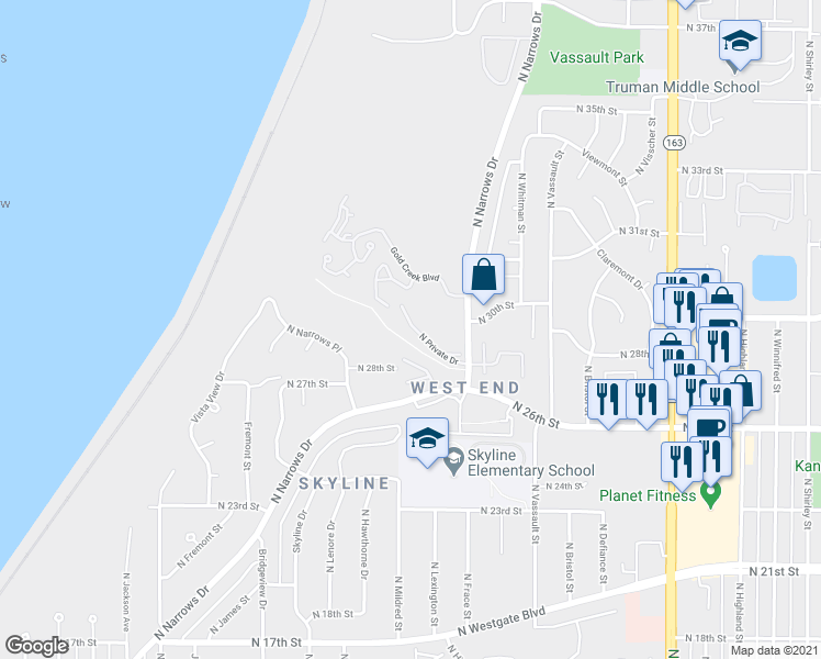 map of restaurants, bars, coffee shops, grocery stores, and more near 2802 North Narrows Drive in Tacoma