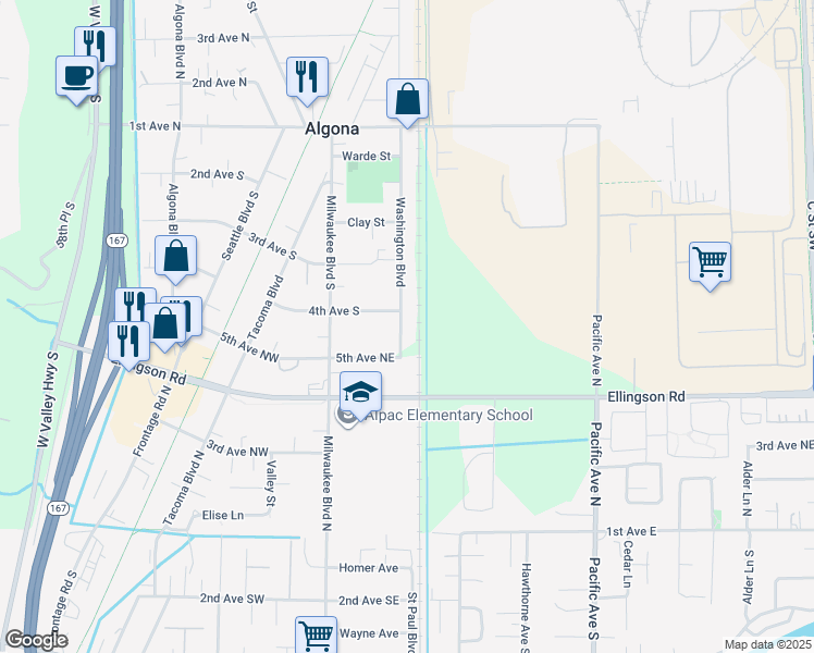 map of restaurants, bars, coffee shops, grocery stores, and more near 428 Washington Boulevard in Algona