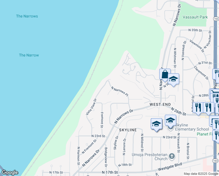 map of restaurants, bars, coffee shops, grocery stores, and more near 3001-3099 Vista View Drive in Tacoma