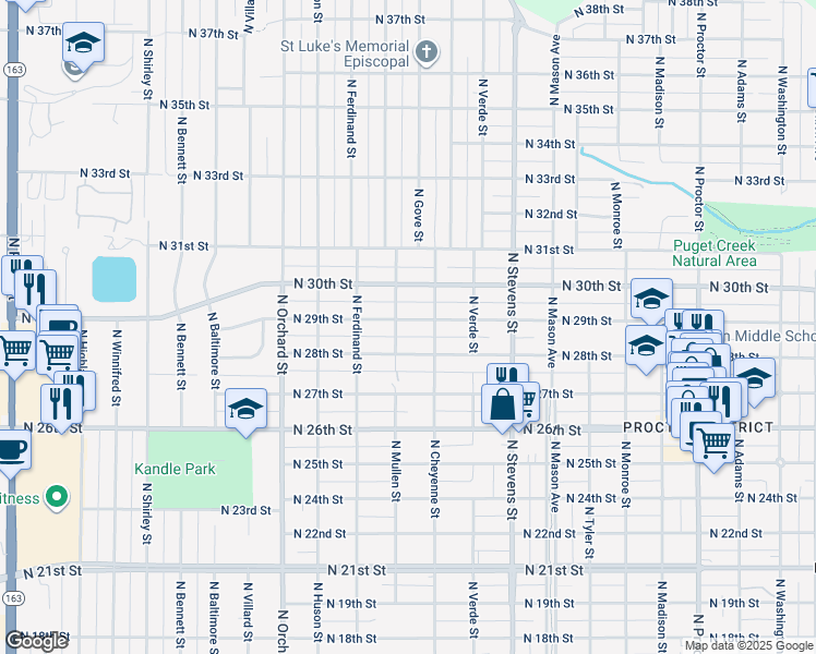 map of restaurants, bars, coffee shops, grocery stores, and more near 4616 North 29th Street in Tacoma
