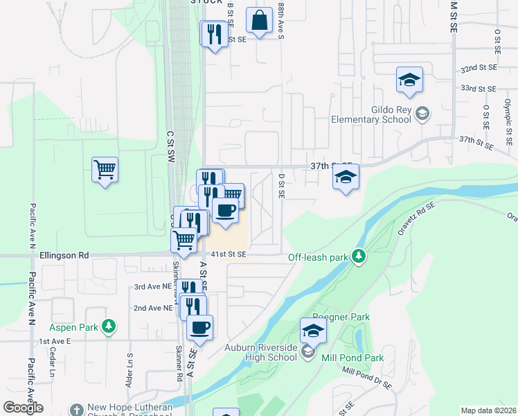 map of restaurants, bars, coffee shops, grocery stores, and more near 210 37th Street Southeast in Auburn
