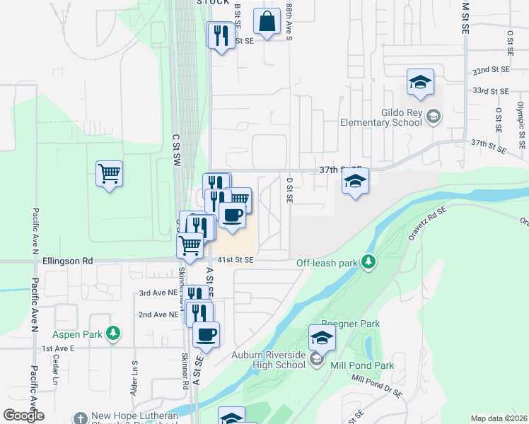 map of restaurants, bars, coffee shops, grocery stores, and more near 210 37th Street Southeast in Auburn