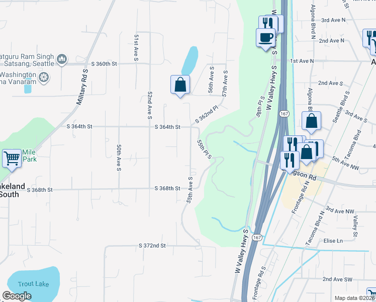 map of restaurants, bars, coffee shops, grocery stores, and more near 36447 55th Avenue South in Auburn
