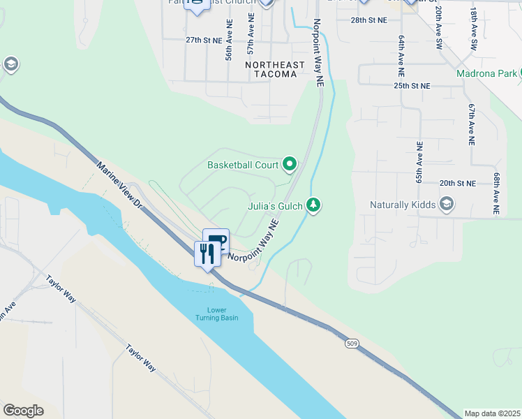 map of restaurants, bars, coffee shops, grocery stores, and more near 1853 Pointe Woodworth Drive Northeast in Tacoma