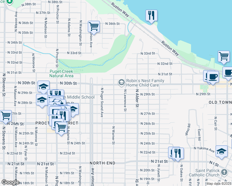 map of restaurants, bars, coffee shops, grocery stores, and more near 2901 North Warner Street in Tacoma