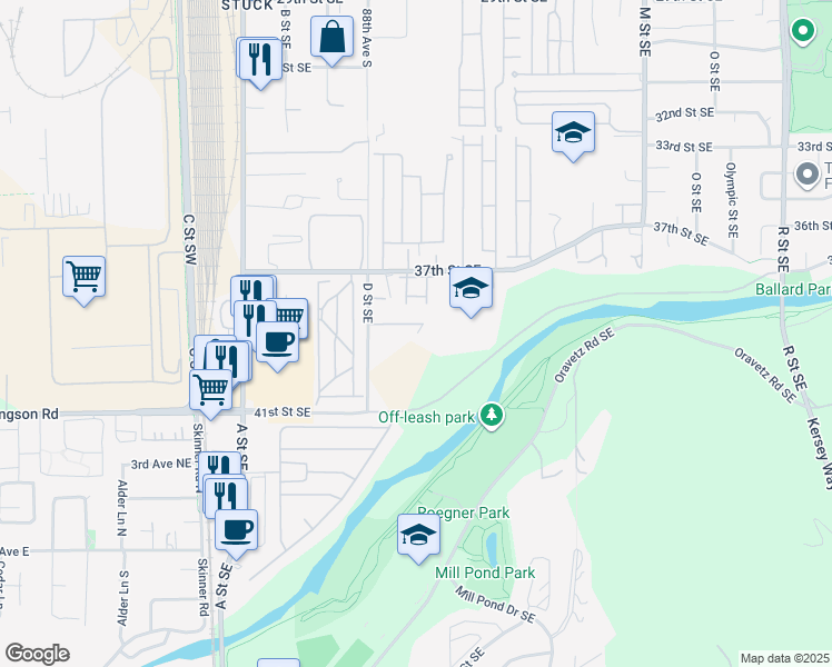 map of restaurants, bars, coffee shops, grocery stores, and more near 3838 D Place Southeast in Auburn