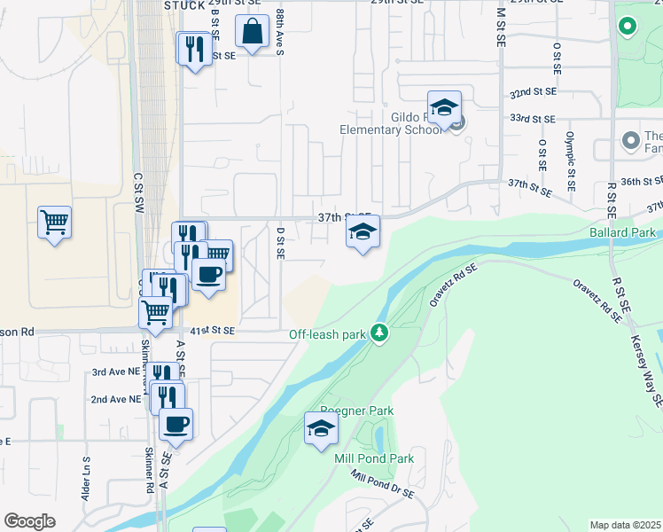 map of restaurants, bars, coffee shops, grocery stores, and more near 3838 D Place Southeast in Auburn