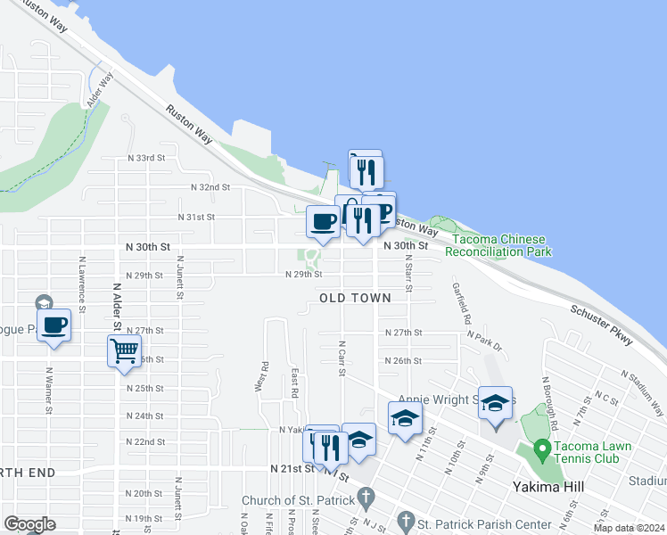 map of restaurants, bars, coffee shops, grocery stores, and more near 2902 North Carr Street in Tacoma