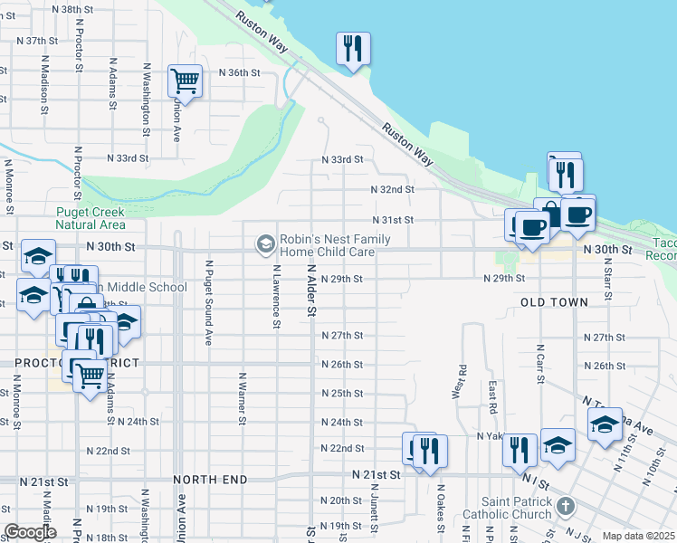 map of restaurants, bars, coffee shops, grocery stores, and more near 2902 North Cedar Street in Tacoma