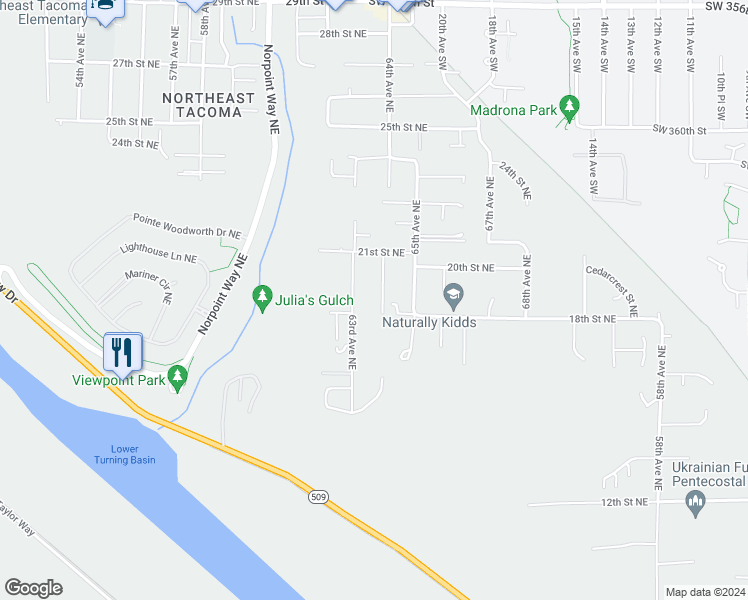 map of restaurants, bars, coffee shops, grocery stores, and more near 1908 64th Avenue Northeast in Tacoma