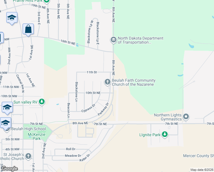map of restaurants, bars, coffee shops, grocery stores, and more near 1107 Parkway Drive in Beulah