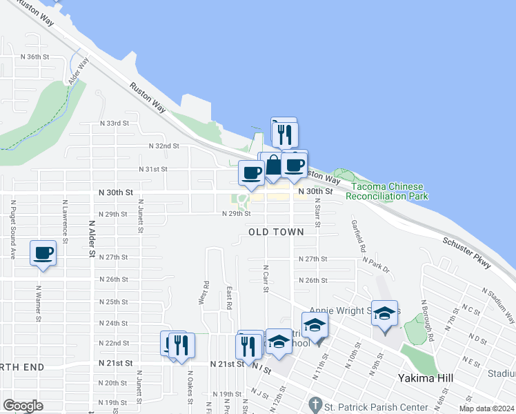 map of restaurants, bars, coffee shops, grocery stores, and more near 2902 North Carr Street in Tacoma
