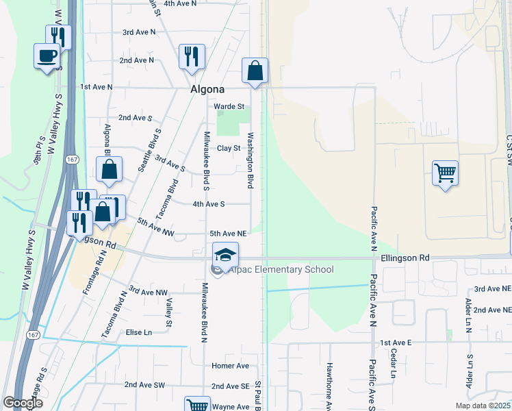 map of restaurants, bars, coffee shops, grocery stores, and more near 422 Washington Boulevard in Auburn
