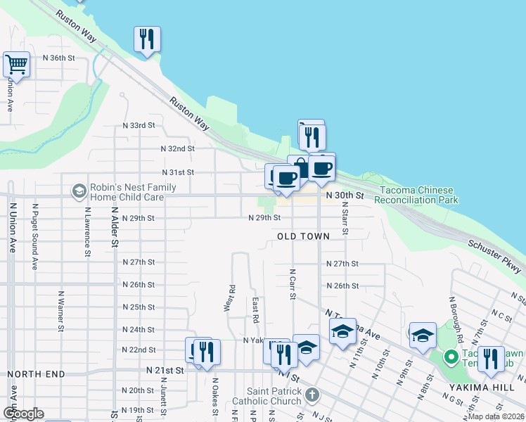 map of restaurants, bars, coffee shops, grocery stores, and more near 2407 North 29th Street in Tacoma