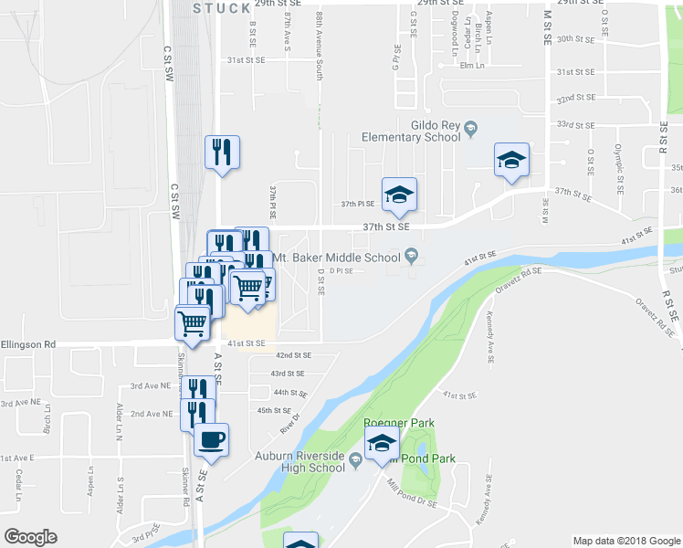 map of restaurants, bars, coffee shops, grocery stores, and more near 3858 D Place Southeast in Auburn