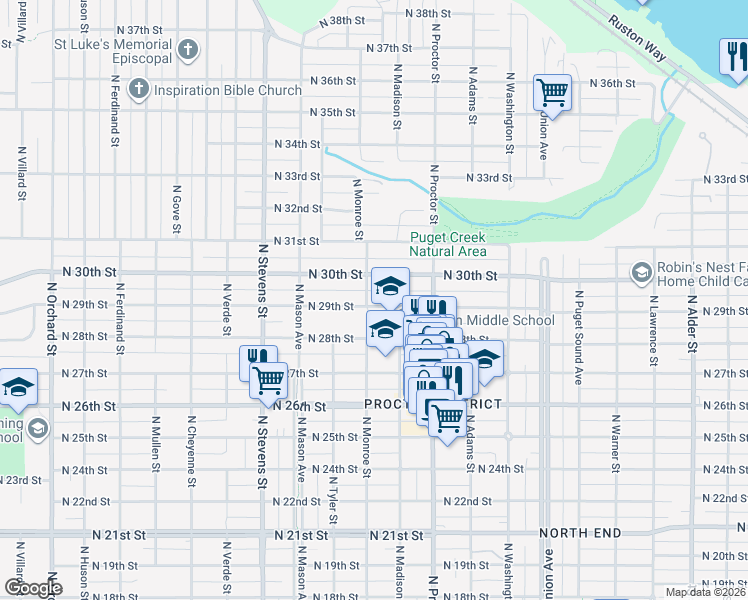 map of restaurants, bars, coffee shops, grocery stores, and more near 3947 N 29th St in Tacoma
