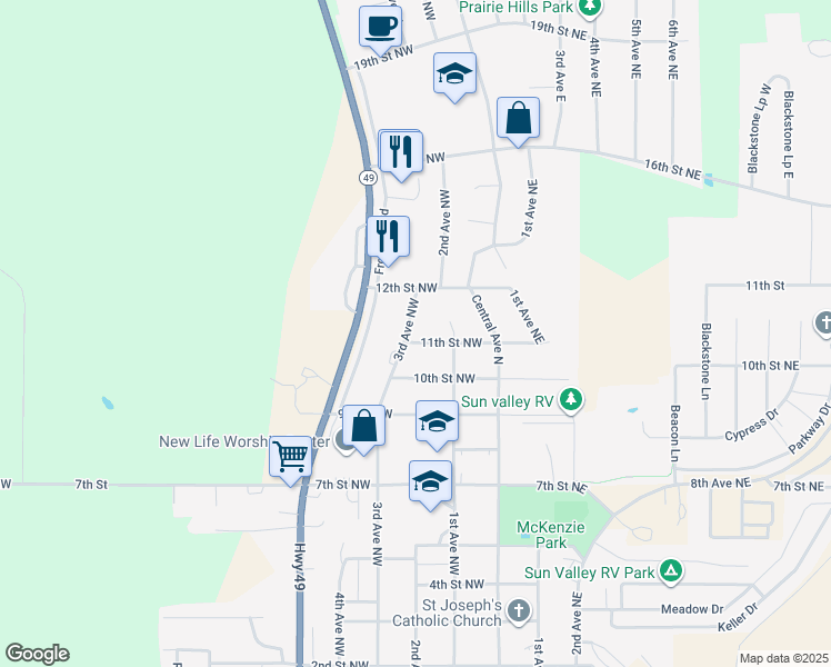 map of restaurants, bars, coffee shops, grocery stores, and more near 1200 3rd Avenue Northwest in Beulah