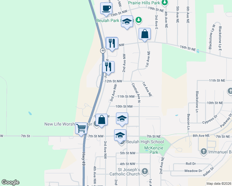 map of restaurants, bars, coffee shops, grocery stores, and more near 1200 3rd Avenue Northwest in Beulah