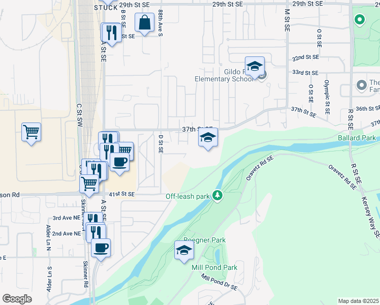 map of restaurants, bars, coffee shops, grocery stores, and more near 3838 D Place Southeast in Auburn