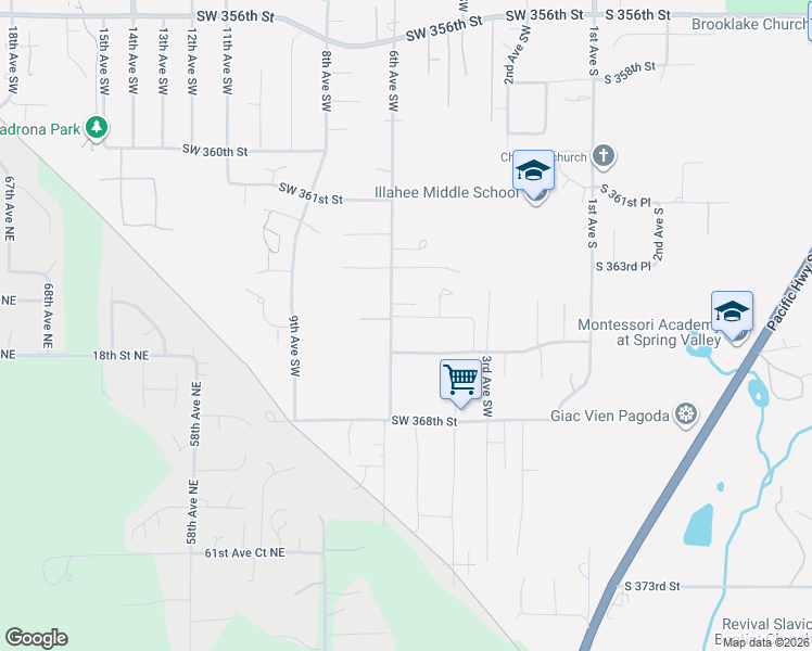 map of restaurants, bars, coffee shops, grocery stores, and more near 506 Southwest 366th Street in Federal Way
