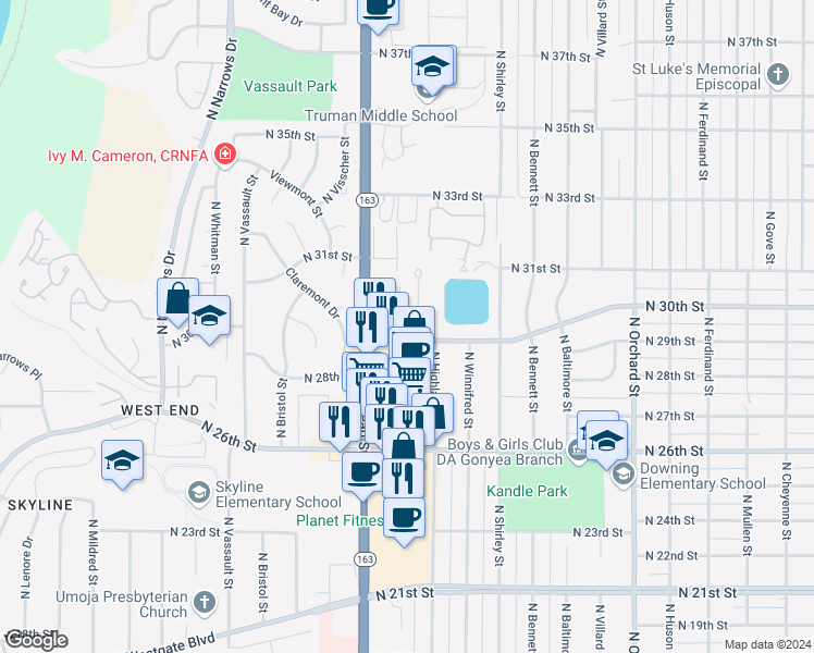 map of restaurants, bars, coffee shops, grocery stores, and more near 3002 North Highland Street in Tacoma