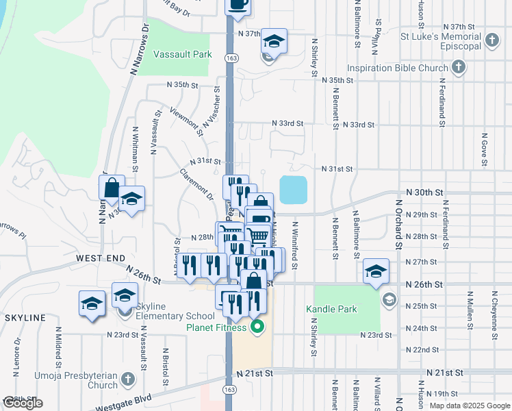 map of restaurants, bars, coffee shops, grocery stores, and more near 3002 North Highland Street in Tacoma