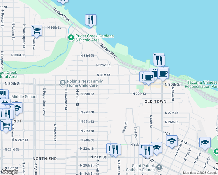 map of restaurants, bars, coffee shops, grocery stores, and more near 2901 North 29th Street in Tacoma