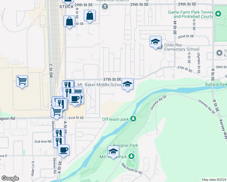 map of restaurants, bars, coffee shops, grocery stores, and more near 3838 D Place Southeast in Auburn