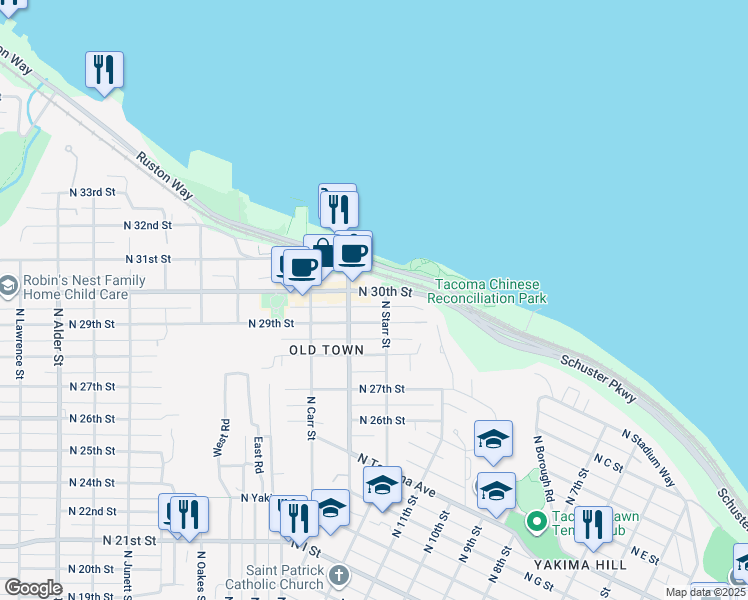 map of restaurants, bars, coffee shops, grocery stores, and more near 2109 North 29th Street in Tacoma