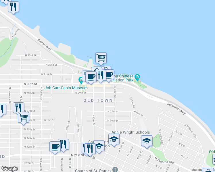 map of restaurants, bars, coffee shops, grocery stores, and more near 2109 North 29th Street in Tacoma