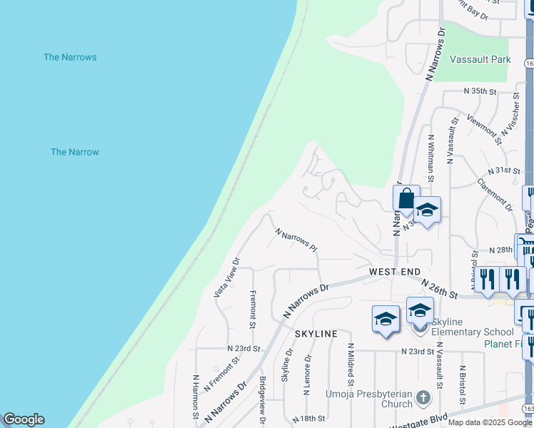 map of restaurants, bars, coffee shops, grocery stores, and more near 3099 Vista View Drive in Tacoma