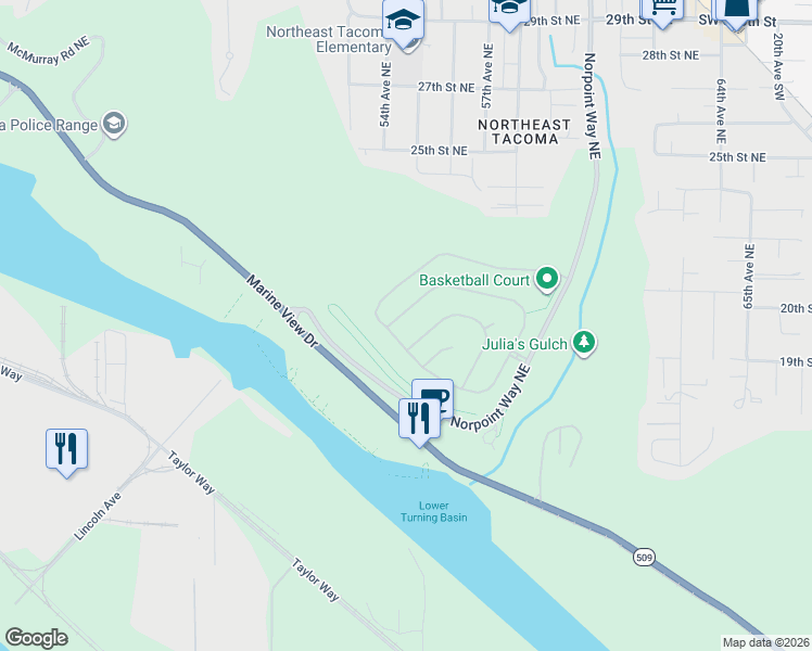 map of restaurants, bars, coffee shops, grocery stores, and more near 1847 Mariner Circle Northeast in Tacoma