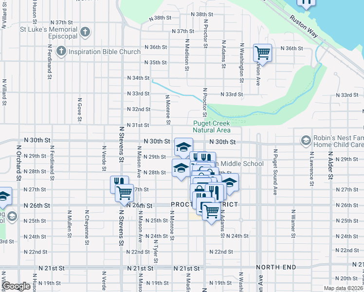 map of restaurants, bars, coffee shops, grocery stores, and more near 3947 North 29th Street in Tacoma
