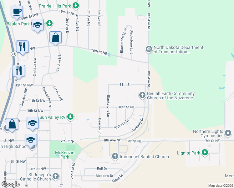 map of restaurants, bars, coffee shops, grocery stores, and more near 1141 Chestnut Lane in Beulah