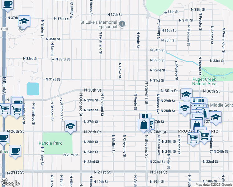 map of restaurants, bars, coffee shops, grocery stores, and more near 4616 North 29th Street in Tacoma