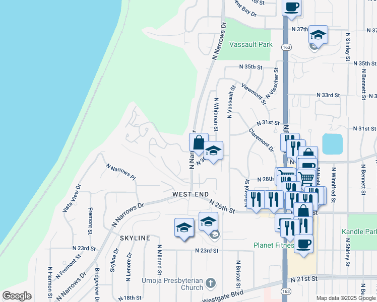map of restaurants, bars, coffee shops, grocery stores, and more near 3012 North Narrows Drive in Tacoma
