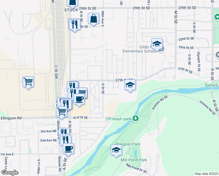 map of restaurants, bars, coffee shops, grocery stores, and more near 428 37th Street Southeast in Auburn