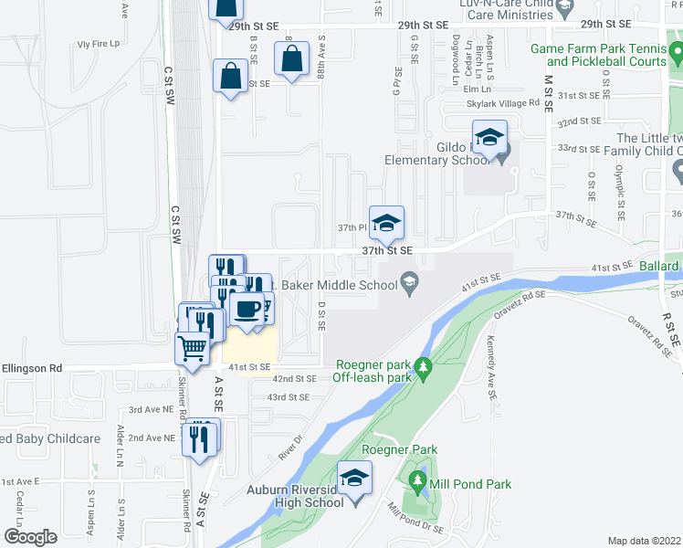map of restaurants, bars, coffee shops, grocery stores, and more near 428 37th Street Southeast in Auburn